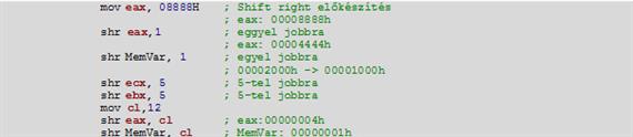 „shr/sar céloperandus, lépésszám” utasítás