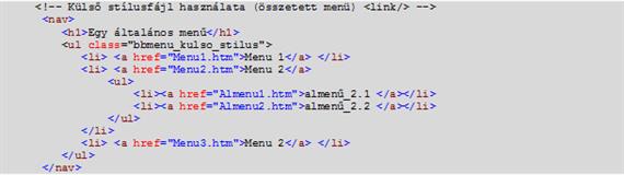 Külső stílusfájl használata (összetett menü): <link/>