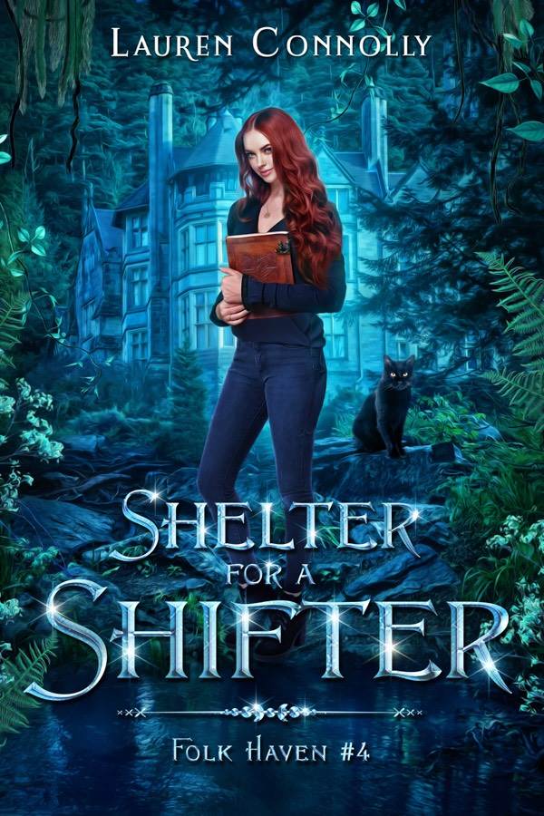 Shelter for a Shifter cover. Redheaded woman holding a book next to a black cat.