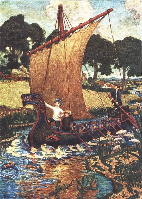 two children in dragon sailing ship