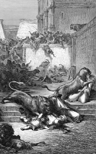 Lions eating citizens. 113 Gustave Dore (2 Kings 17.25-26)