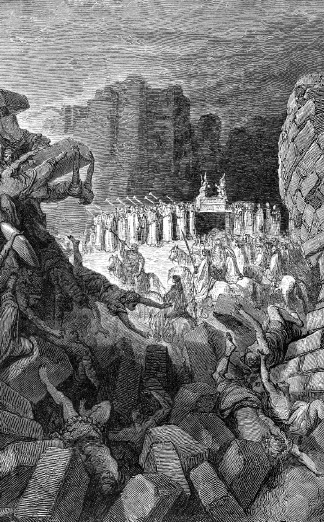 the walls of Jerico coming down as civilians are crushed and God's army is marching tiumphantly blowing horns in the distance. Gustave Dore (Joshua 6.21)