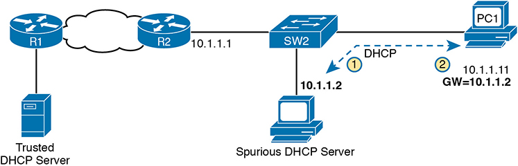 A network setup shows a spurious DHCP server.