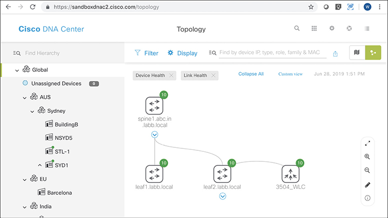 A screenshot of the webpage displaying a topology map of the Cisco DNA Center is shown.