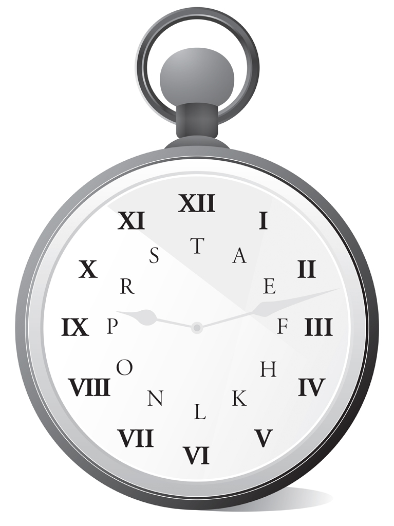 A pocket watch with a letter printed next to each Roman numeral: I = A, II = E, III = F, IV = H, V = K, VI = L, VII = N, VIII = O, IX = P, X = R, XI = S, XII = T