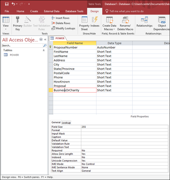 Screenshot of table-creation window after all fields have been entered.