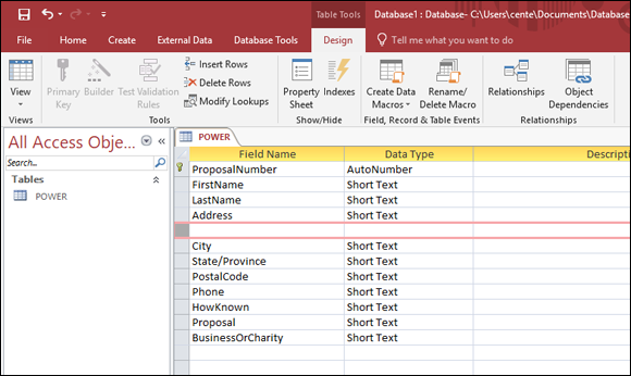 “Screenshot of the table-creation window where a blank row appears above the cursor position and pushes down all the existing rows, opening up space for a second address line.”