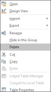 Screenshot of a pop-up menu where one of the options listed out is Delete, to remove a table from the database.