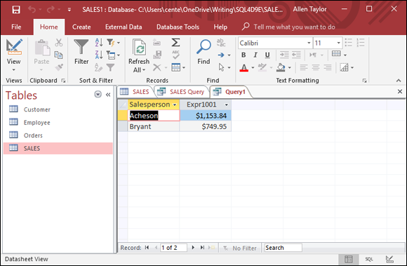 Screenshot of a Sales database window displaying the total sales for all salespeople except Bennett.