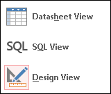 Illustration of the View icon drop-down menu displaying the Datasheet view, SQL view, and Design view.