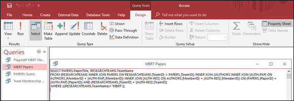 Screenshot of an SQL statement that retrieves the names of all the papers written by members of the MBRT from the database engine.