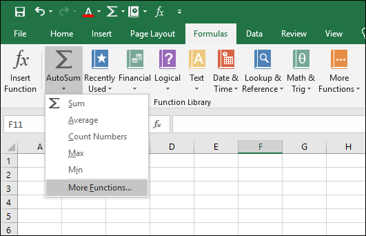 Microsoft Excel spreadsheet with selected AutoSum button from Formulas tab displaying options labeled Sum, Average, Count Numbers, Max, Min, and More Functions (highlighted).