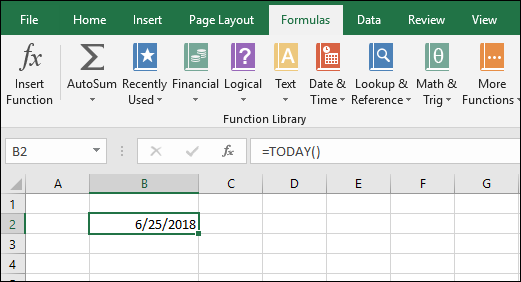 Microsoft Excel spreadsheet with selected Formulas tab having the function bar containing a formula, =TODAY(), displaying a date located at the cell B2.