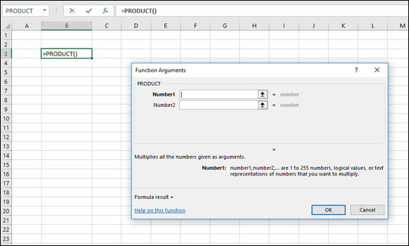 A spreadsheet with cell B3 containing a formula =PRODUCT() having a Function Arguments dialog box displaying PRODUCT panel with 2 data entry fields for Number1 and Number 2. At the bottom are OK and Cancel buttons.