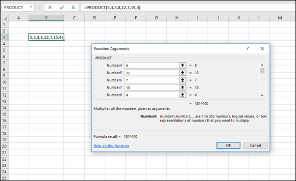 A spreadsheet with a formula =PRODUCT(5,3,3,8,12,7,15,4) at cell B3 having a Function Arguments dialog box displaying PRODUCT panel with 5 data entry fields containing values. At the bottom are OK and Cancel buttons.