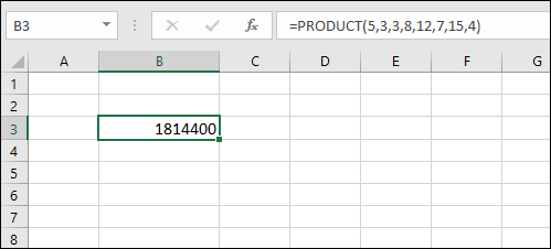 A spreadsheet displaying a value of 1814400 at cell B3 with formula bar containing =PRODUCT(5,3,3,8,12,7,15,4).