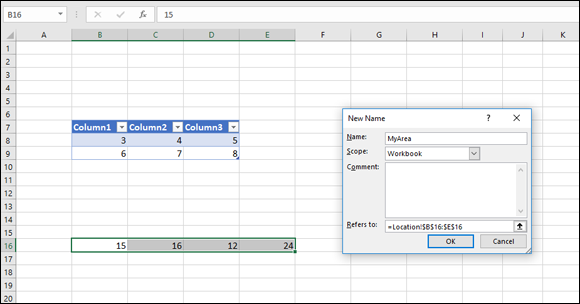 A spreadsheet displaying a table having 3 columns and 2 rows containing values with highlighted cells at B16–E16 (15, 16, 12, and 24). At the right side is New Name dialog box with data entry fields for Name, Scope, etc.