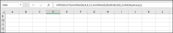 A spreadsheet displaying a formula of =PRODUCT(AVERAGE(4,8,17,AVERAGE(B100:B120),SUM(MyArea))) located at the formula bar with name box labeled D60.