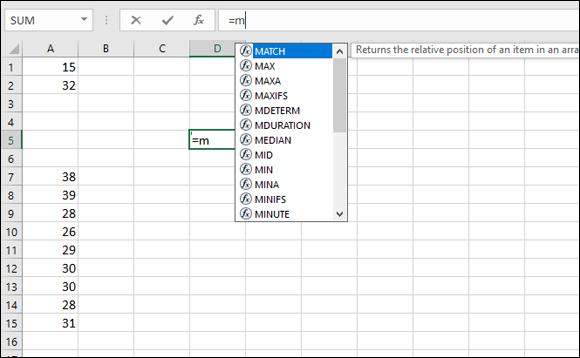 A spreadsheet displaying values at cells A1, A2, and A7–A15 and ‘=m at cell D5 with name box labeled SUM and formula bar with =m having function options labeled MATCH (highlighted), MAX, etc.