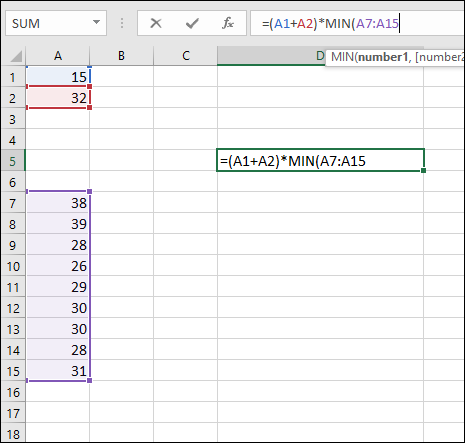 A spreadsheet displaying highlighted values at cells A1, A2, and A7–A15 with formula of =(A1+A2)*MIN(A7:A15 at cell D5.