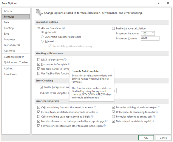 Excel Options dialog box with selected Formulas at the navigation pane. At the right pane displays panels labeled Calculation options, Working with formulas, Error Checking, and Error checking rules.