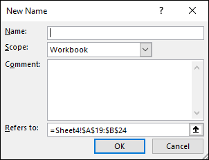 New Name dialog box displaying data entry fields for Name, option boxes labeled Workbook for Scope, and bar labeled =Sheet4!$A$19:$B$24 for Refers to. At the bottom are 2 buttons labeled OK and Cancel.