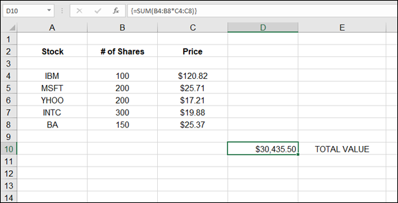 A spreadsheet displaying 3 columns A, B, and C labeled Stock, # of Shares, and Price, respectively, having a total value of $30,435.50 located at cell D10 with a formula of {=SUM(B4:B8*C4:C8)} indicated at formula bar.