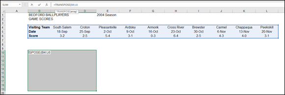 A spreadsheet displaying table of BEDFORD BALLPLAYERS GAME SCORES with highlighted table having rows labeled Visiting Team, Date, and Score and a highlighted area at the bottom labeled ISPOSE(B4:L6.