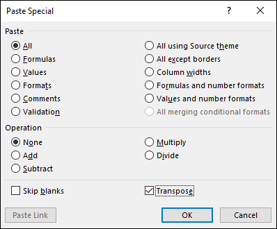 Paste Special dialog box with panels labeled Paste and Operation. Paste panel and Operation panel have marked radio buttons labeled All and None, respectively, with a check marked at the bottom labeled Transpose.