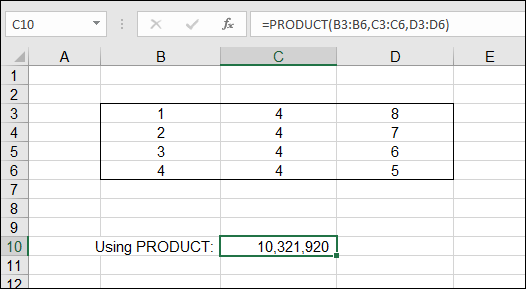 A worksheet displaying cell C10 containing the product of values in cells B3–B6, C3–C6, and D3–D6, with cells enclosed by a box. The formula bar is labeled =PRODUCT(B3:B6,C3:C6,D3:D6).