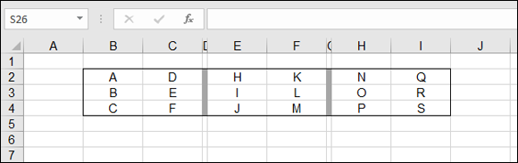 A worksheet displaying three ranges of values containing letters. Column B and C have letters A–C and D–F, column E and F have H–J and K–M, and column H and I have N–P and Q–S.