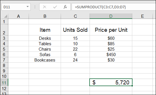 A worksheet displaying cell D11 containing the SumProduct of values in cells C3–C7 and D3–D7. The formula bar is labeled =SUMPRODUCT(C3:C7,D3:D7).