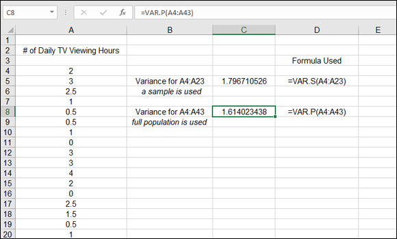 A spreadsheet with a selected cell (C8) labeled 1.614023438. =VAR.P(A4:A43) is indicated in the formula bar.