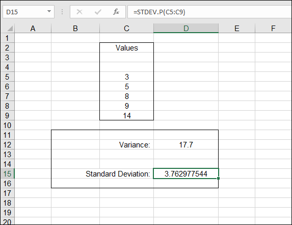 A spreadsheet with a selected cell (D15) labeled 3.762977544. =STDEV.P(C5:C9) is indicated in the formula bar.