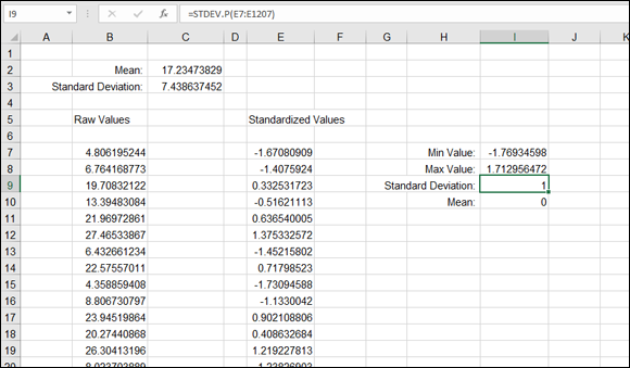 A spreadsheet with labels under B and E columns and a selected cell (I9) labeled 1 for standard deviation. =STDEV.P(E7:A1207) is indicated in the formula bar.