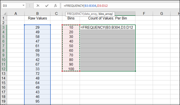 A spreadsheet with selected cells under raw values column, bins, and count of values per bin. =FREQUENCY(B3:B304,D3:D12) is indicated in the formula bar.