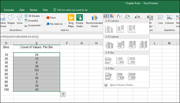 A spreadsheet with selected drop-down list for column charts and selected cells under count of values per bin. =FREQUENCY(B3:B304,D3:D12)} is indicated in the formula bar.