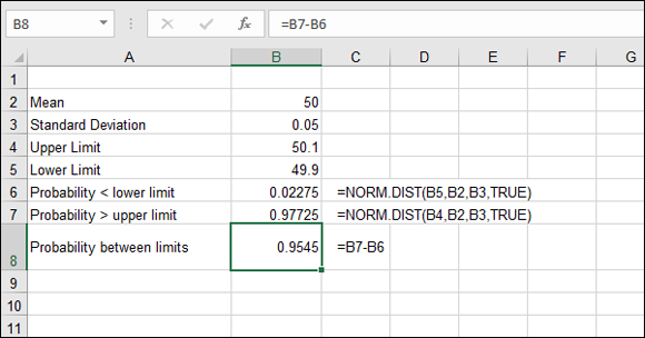 Excel worksheet displaying data in columns A and B, with formulas in cells B6:B8 are presented in the adjacent cells. Cell B8 is highlighted.