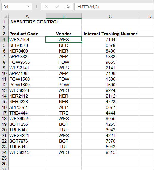 A worksheet displaying cell B4 labeled WES being selected. The formula bar is labeled =LEFT(A4,3). Column A, B, and C are for product code, vendor, and internal tracking number, respectively.