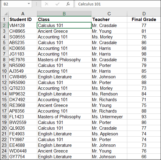 A spreadsheet with data entry fields above labeled B2 and Calculus 101, displaying columns A, B, C, and D labeled Student ID, Class, Teacher, and Final Grade, respectively. Calculus 101 under Class is enclosed by a box.