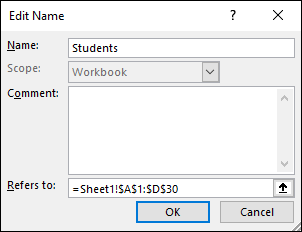 Edit Name dialog box displaying entry fields for Name, Scope, Comment, and Refers to. Name, Scope, and Refers to are labeled Students, Workbook, and =Sheet1!$A$1:$D$30, respectively. OK button is highlighted.