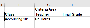 Snipped image of a spreadsheet displaying columns F, G, and H labeled Class, Teacher, and Final Grade, respectively, enclosed by a square. Class is labeled Accounting 101, while Teacher is labeled Mr. Harris.