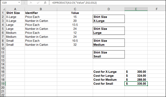 Spreadsheet with 2 data entry fields labeled E19 and =DPRODUCT(A1:C9,”Value”,D11:D12) depicting $ 3356.00 as Cost for Small. Column A is for Shirt size, column B for Identifier, and column C is for Value.