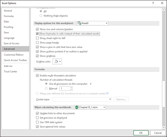 Screenshot of Excel options window with Advanced selected displaying a dropdown bar for Display options for this worksheet labeled Sheet 8, with Show formulas in cells instead of their calculated results selected.