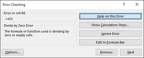 Error Checking dialog box with sections for Error in cell BG and Divide by Zero Error labeled “=4/0” and “the formula or function….” On the right is a box labeled “Help on this Error” highlighted.