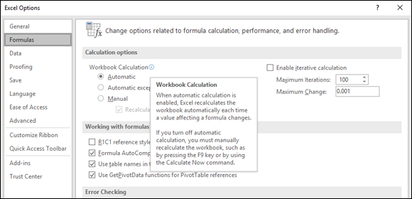 Excel Options window with Formulas selected displaying Calculation options on the right with Automatic selected. A pop out message in the lower-middle is labeled Workbook Calculation.