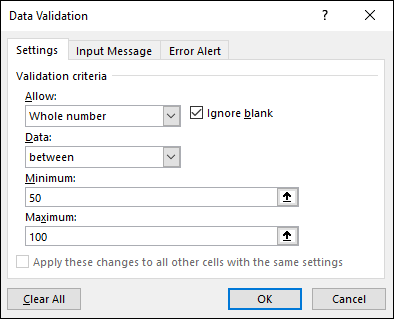 Data validation dialog box with Settings tab selected, displaying data entry fields for Allow, Data, Minimum, and Maximum labeled Whole number, between, 50, and 50, respectively, with checked box for Ignore blank.