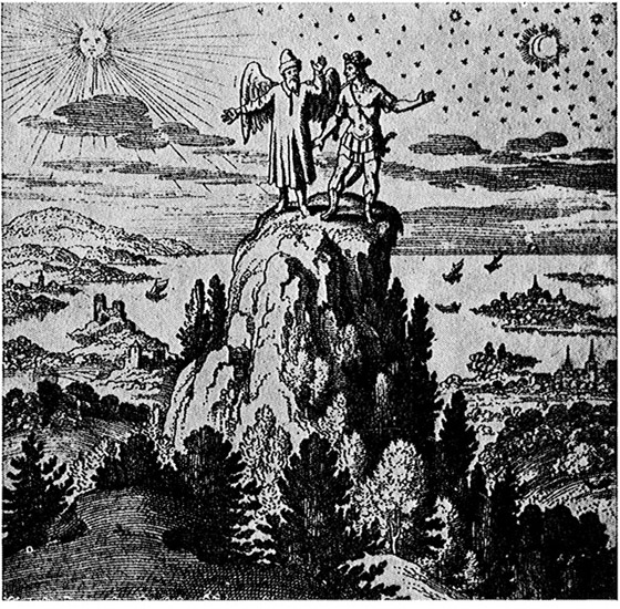 B6 The King’s Son. (filius regis) and the mystagogue Hermes on a mountain, an obvious allusion to the Temptation (Luke, ch. 4). The accompanying text says: “Another mountain of India lies in the vessel, which the Spirit and Soul, as son and guide, have together ascended.” The two are called spirit and soul because they represent volatile substances which rise up during the heating of the prima materia. From Lambspringk, “De lapide philosophico,” fig. XII, in Musaeum hermeticum (Frankfurt a. M., 1678), p. 365