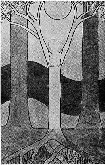 Fig. 23 The tree itself assumes human form and carries the sun. In the background is’a wavy band of blood, surging rhythmically round the islan