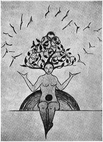 Fig. 28 Drawn by the same patient as Figure 26. The foliage growing out of the woman’s head is surrounded by flying birds